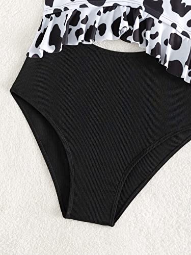 WDIRARA Girl's Cut Out One Piece Swimsuit Cow Print Ruffle Trim High Waisted Swimwear4