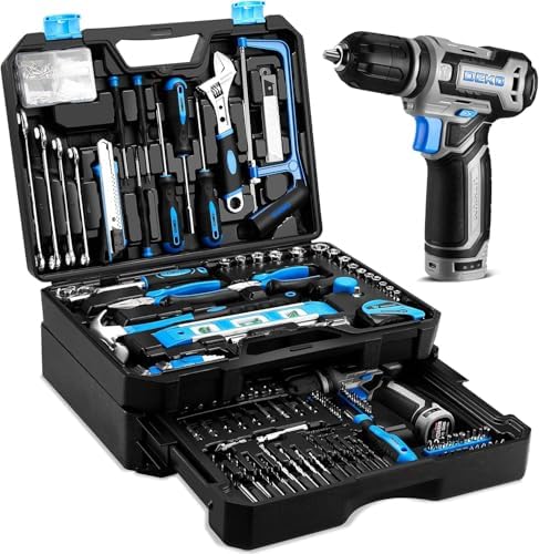 Tool Set: Tool Kit with 12V Cordless Drill, Hand Toolbox with storage case, Mechanic Tool set for Home Repairs, Blue