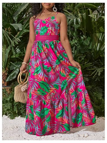Girl's Tropical Print Cami Dress Boho Tiered Spaghetti Strap Split Thigh Vacation Flowy Long Dresses4