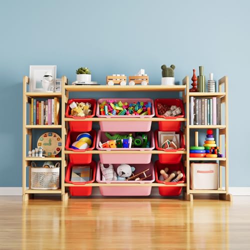SpaceAid Large Toy Storage Organizer 9 Shelves 9 Bins, Toy Organizers Storage Bookshelf, Kids Bin Shelf Toys Box Bookcase for Bedroom Playroom Organization Room Decor, Red and Pink