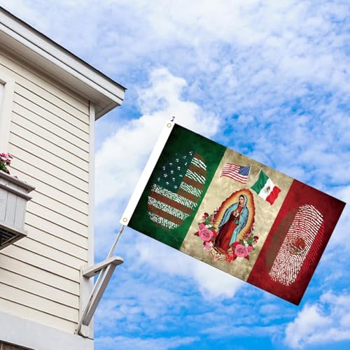 Image of Mexican American Flag with Virgin of Guadalupe, Mexico USA Flag 3x5 Ft, Polyester, Indoor Outdoor Banner