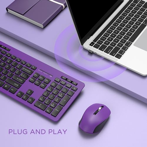 Image of seenda Wireless Keyboard and Mouse Combo, 2.4GHz Cordless Quiet Keyboard Mouse with USB Receiver, Full Size Cute Purple Combo, Compatible for Windows Laptop Computer Desktop PC, Black and Purple