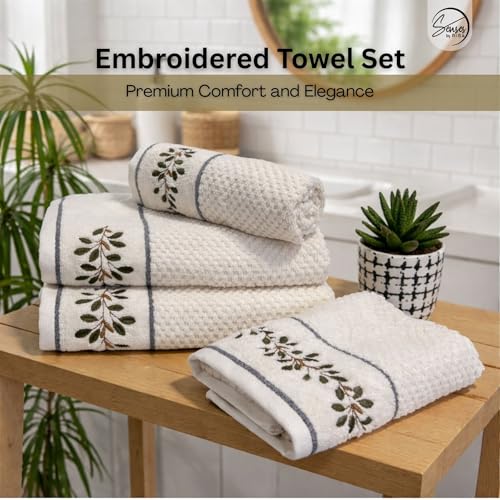 Image of SENSES By Riba Cotton Embroidered Towel Set, 550 GSM Soft & Absorbent, Antimicrobial, Oeko-Tex Certified | Ideal for Home & Gifting, Pack of 4 (2 Bath 27 inchX50 inch + 2 Hand Towels 16 inchX26 inch) - Style 19