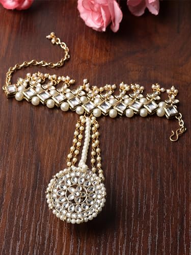 Image of Karatcart Gold Plated Baby Pink Pearl Chain Kundan Hathphool