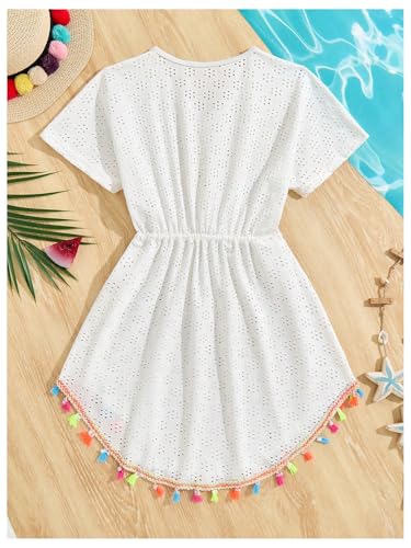 SHENHE Girl's Swimsuit Cover Up Short Sleeve Beach Tassel Dress Bathing Suit Coverups2