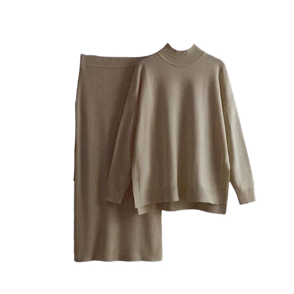Sweter damski z półwysokim kołnierzem, bluzka, swobodny, dopasowany, prosty, spódnica, 2-częściowy komplet (khaki, rozmiar M)