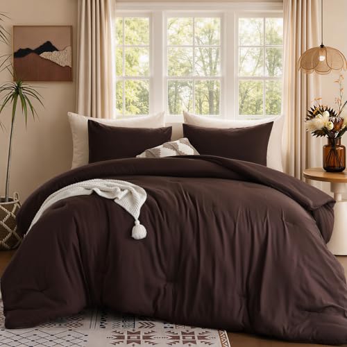 Image of ROSGONIA King Size Comforter Set Brown, 3pcs(1 Dark Brown Comforter & 2 Pillowcases) All Season Bedding Lightweight Bedspread Blanket Quilts