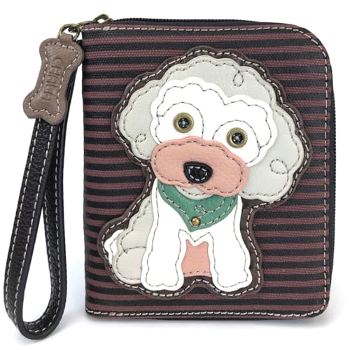 Image of CHALA Zip Around Wallet, Wristlet, 8 Credit Card Slots, Sturdy Pu Leather - Poodle - Burgundy Stripe