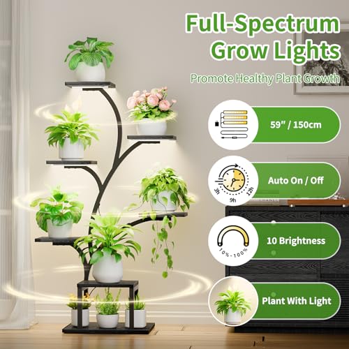 Image of BACEKOLL Plant Stand Indoor with Grow Lights, 7 Tiered Indoor Plant Shelf, 49 inch Corner Plant Stands for Indoor Plants, Metal Plant Flower Display Shelf, Tree-Shaped Plant Rack for Home, Black