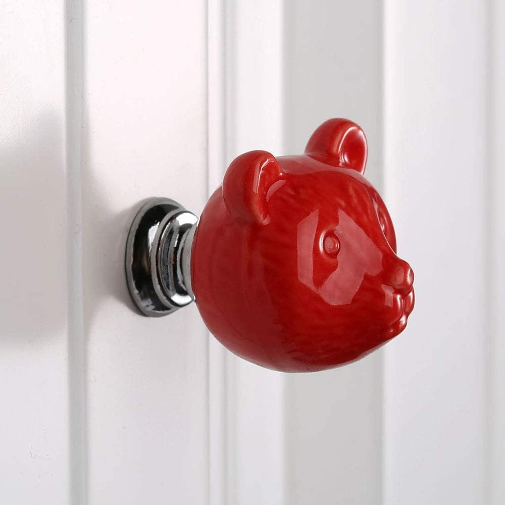 MayGreeny Cute Bear Ceramic Knobs 6Pcs Drawer Handles DIY Cabinet Pulls Dresser Closet Wardrobe Kids Cupboard Door Kitchen Furniture Decoration with Mounting Screws (Red) - Image 4