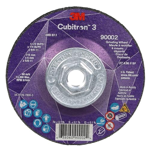 Image of 3M Cubitron 3 Depressed Center Grinding Wheel, 90002, 36+, T27, 4-1 /2 in x 1 /4 in x 5 /8 in-11, Pack of 10, ANSI, Precision Shaped Grain, Beveling, Weld Grinding, Heavy Deburring, Slag Removal