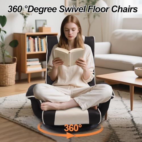 Image of Swivel Floor Chair for Adults, 14-Position Adjustable Floor Gaming Chair with Back Support & Armrests, Foldable Lazy Sofa Lounge, Breathable Mesh for Gaming Reading Meditation (Black /Beige)