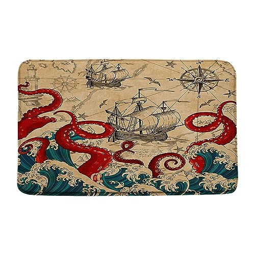 Sunhe Japanese Great Wave Bath Mat Red Octopus Tentacle Nautical Map Boat Cool Ocean Animal Vintage 16