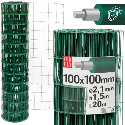 Clôture en grillage métallique galvanisé avec revêtement en PVC vert - 10 x 10 cm - Diamètre : 2,1 mm - 1,5 m x 20 m - Clôture de jardin pour chien - Clôture de gibier - Clôture de poules - Grillage