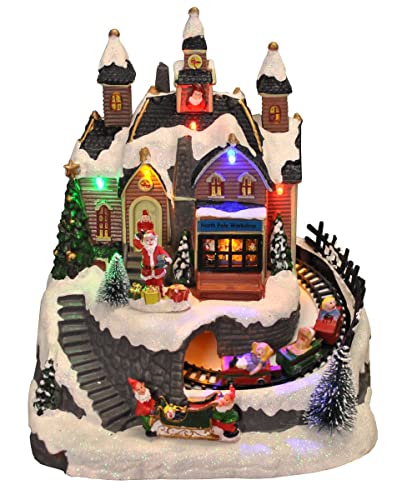Selections Santa Christmas Scene Resin Village Ornament with Lights Moving Train and Sound