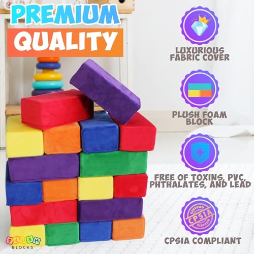 Image of The Original Premium Plush Building Block for Kids - Certified Safe Foam Blocks in Luxuriously Soft Fabric Covers (Classic Colors, Blocks)