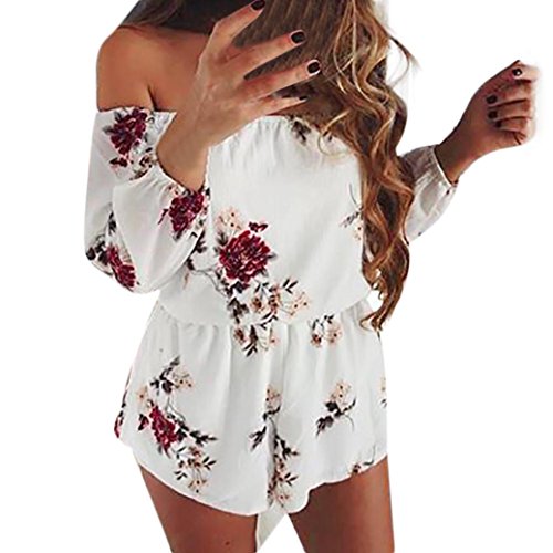 Preisvergleich Produktbild Jumpsuits Kolylong® Damen Elegant Blumendruck Trägerlos Overalls Kurz Schulterfrei Langarm Jumpsuit Mini Playsuit Rückenfrei Boho Strand Rompers Bodysuit Sommerkleid Hosen Shorts (XXXL, White)