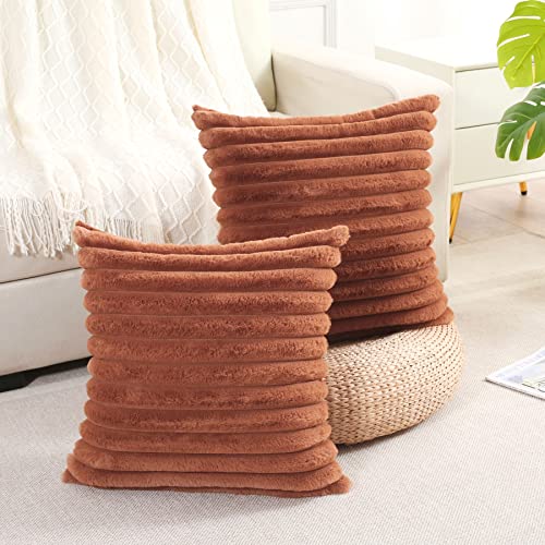 FUTEI Brown Striped Decorative Throw Pillow Covers 18x18 Inch Set of 2,Square Fall Decorations Couch Pillow Case,Soft Cozy Faux Rabbit Fur & Velvet Back,Modern Home Decor for Bed