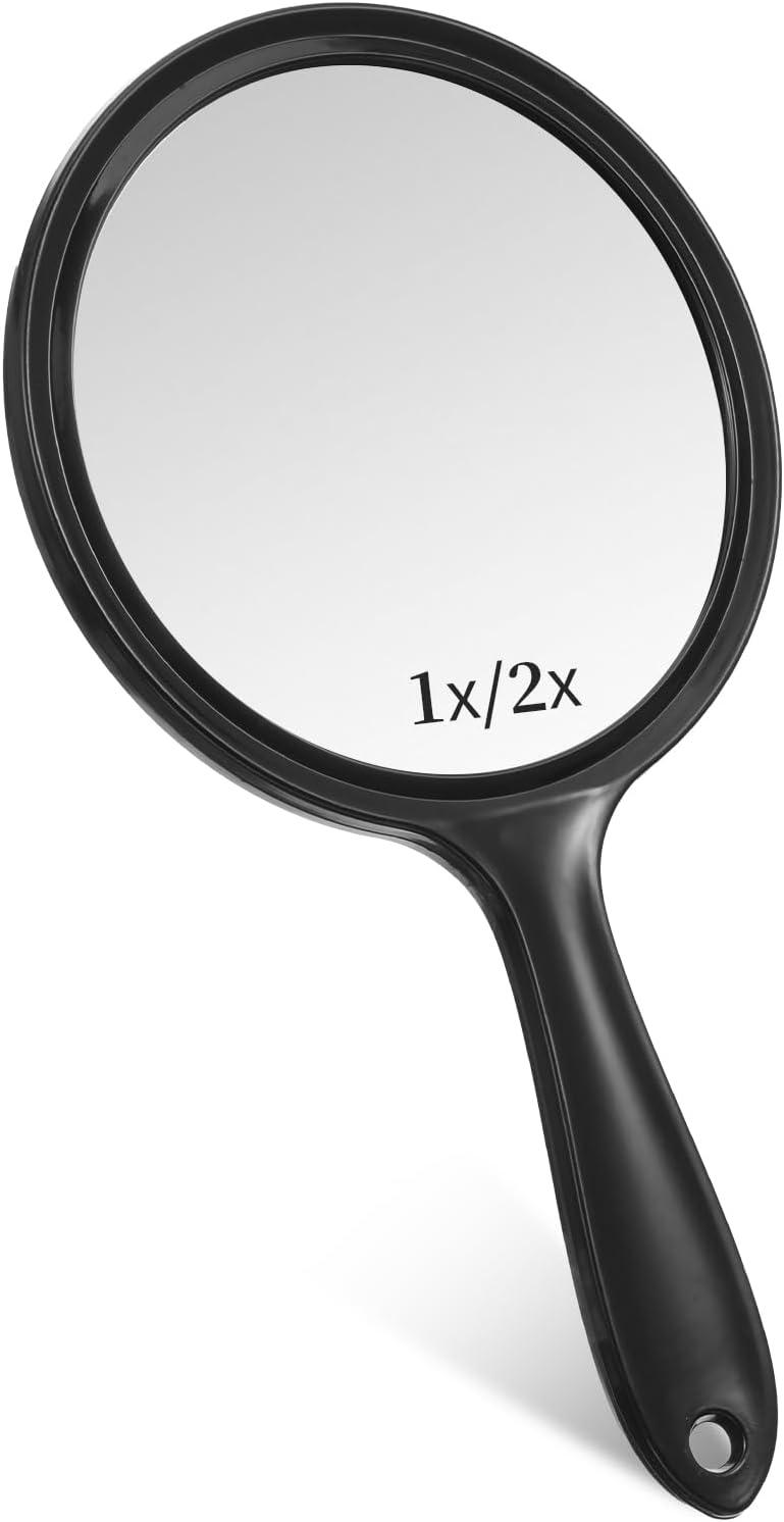 Handheld Mirror with Handle, Black Double-Sided 2X 1X Hand Held Mirror, Handheld Magnifying Mirrors for Women