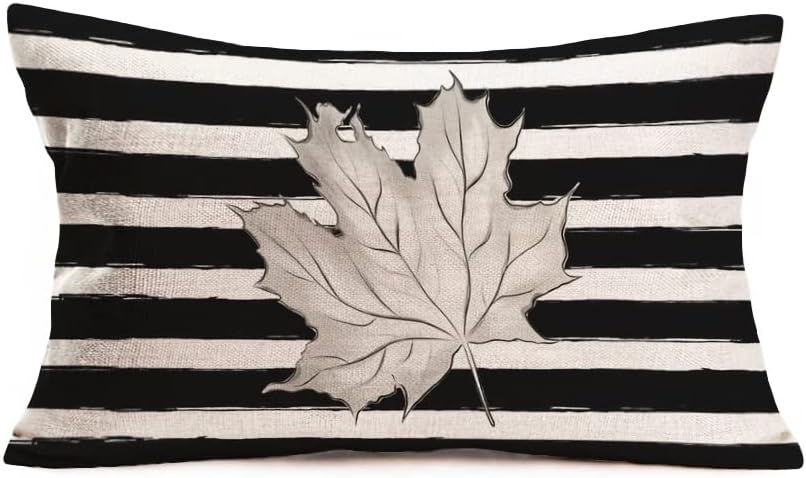Fall Maple Leaf Lumbar Pillow Covers 12x20 Inch Black White Stripes with Grey Leaves Decorations Thanksgiving Autumn Farmhouse Seasonal Outdoor Decor Cushion Case for Sofa Couch