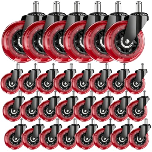 Image of 3 Inch Office Chair Wheels, Set of 30 (Red) | Heavy Duty Replacement Casters for Hardwood Floor & Carpet, Smooth Quiet Roll, Universal 11mm Stem, Non-Marking PU Wheels