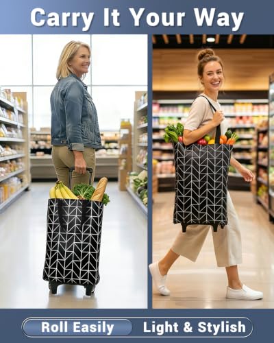 Image of Rolling Shopping Bag, Small Shopping Cart with Wheels,Collapsible Portable Waterproof Tote for Market & Grocery Runs-Gift for Women & Seniors(Black)