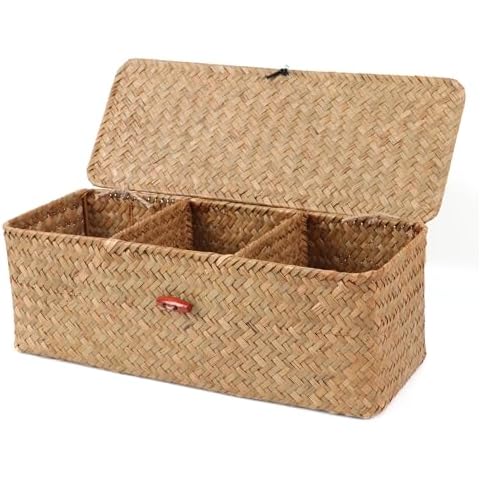 Moosky Wicker Shelf Baskets with Lid,Rectangular Seagrass Woven Storage Baskets with Dividers for Bathroom Organizer Small Bins Home Decor (Natural) Cover