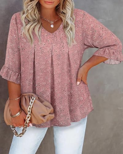 Amrto Plus Size Tops for Women Chiffon Ruffle 3/4 Sleeve Tunic Chiffon Blouses V Neck Casual Shirts XL-5XL2