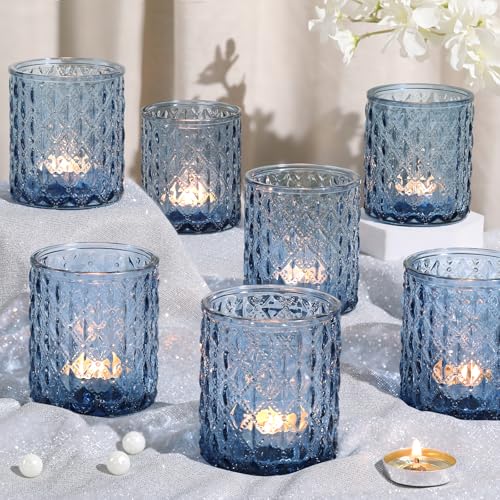 8Pcs Large Votive Candle Holders Blue Tea Light Candle Holders