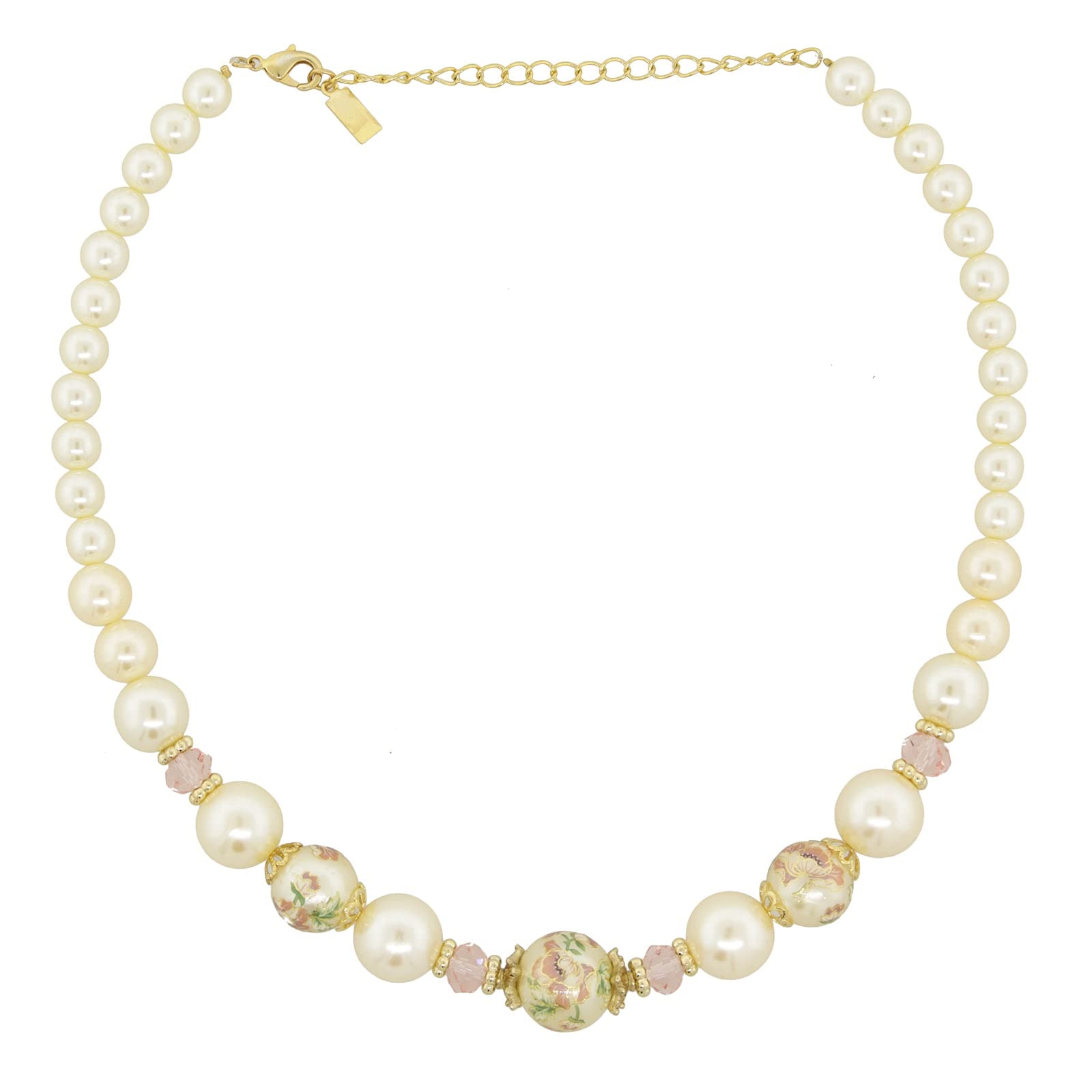 1928 Jewelry Graduated Faux Pearl and Flower Decal Faux Pearls Necklace 16" + 3" Extender, 16, Pearl, Created Pearl- white