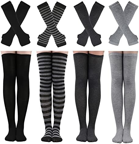2/4 Sets Womens Striped Knee High Socks Long Knitted Arm Warmers Fingerless Gloves for Halloween Costume