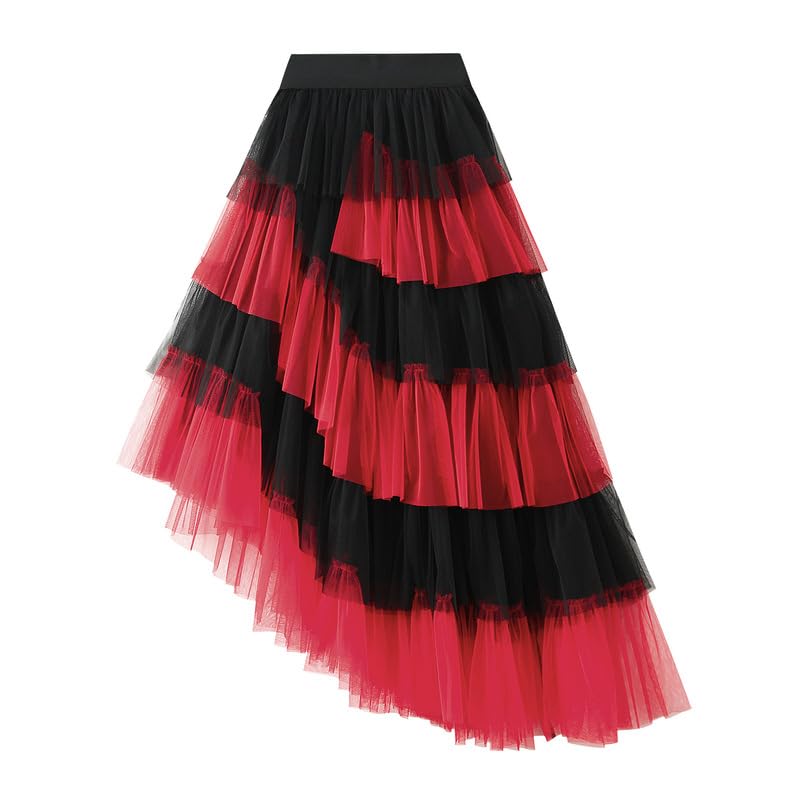 Women Tulle Skirts High Low Layered Color Block Puffy Fairy Mesh Tutu Skirt2