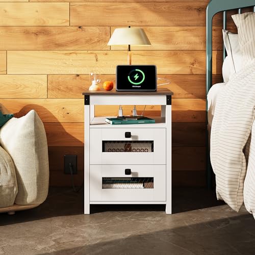 Image of WLIVE Nightstand with Charging Station, Farmhouse End Table, Bed Side Table with 2 Storage Drawers and Open Shelf, Wood Rustic Nightstands for Bedroom, White
