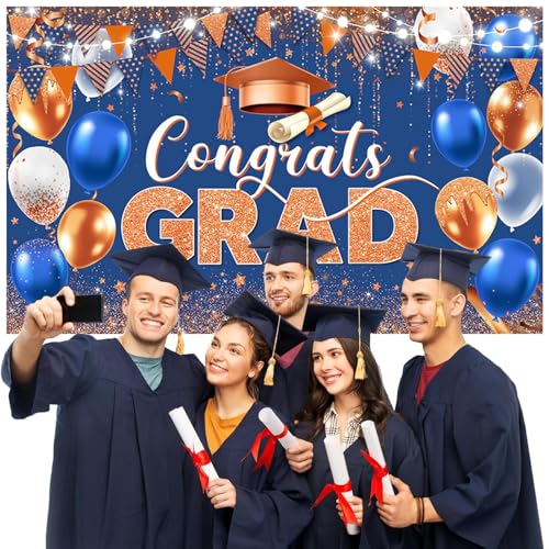 Image of AIBIIN Congrats Grad Backdrop Blue Orange Gold Glitter Balloons Congratulations Graduation Party Decorations Background for Photography Graduation Decorations 2026 Party Supplies 70.8x43.3 Inch