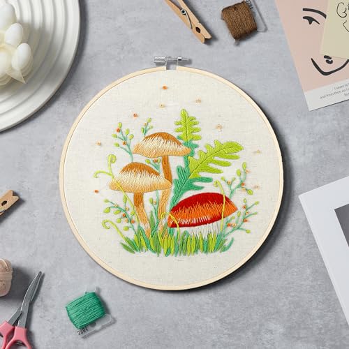 Image of Bonroy 4 Sets Embroidery Kit for Beginners with Instructions,Cross Stitch Kits for Adults with Pattern,Needlepoint Kits for Adult Include Embroidery Cloth Hoops Needles Threads(Mushroom)