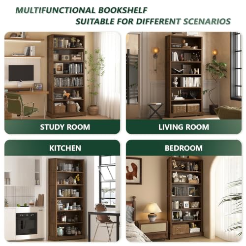 Image of TVU 6 Tiers Wooden Bookshelf, 77.2 inch Tall Farmhouse Style Open Bookcase, 31.5 inch Wide Standing Book Shelf with Storage for Study Room, Living Room, Walnut Brown