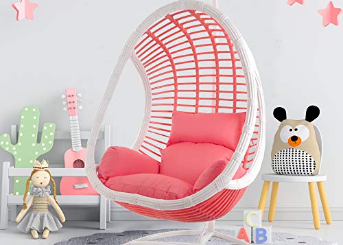 Kideo Komplettset: Pinker Hängesessel mit Gestell & Kissen, Poly-Rattan, Schaukel, Lounge weiß, Coral Cover