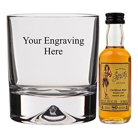 Personalised Engraved 10 oz Heavy Dimple in the base glass, with 50ml Miniature Sailor Jerry Rum in Silk Lined Gift box Cover