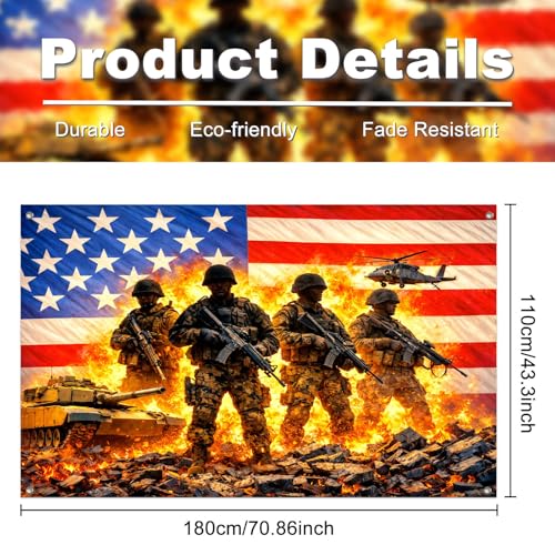 Image of IVN Patriotic Soldier Backdrop Banner 71 x 43 Inch 4th of July Veterans Day Memorial Day Banner Decorations Supplies Independence Day Themed America Independence Day Backdrop