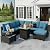 Peacabo 8 Piece Outdoor Patio Furniture Set with Fire Pit Table, Wicker Sectional Sofa Set with Thick Cushions, Perfect for Garden Lawn Pool or Backyard, (Brown/Peacock Blue)