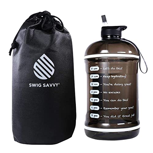Swig Savvy Motivational Time Marker Water Bottle with Straw Lid and Storage Sleeve, Black, 128 OZ
