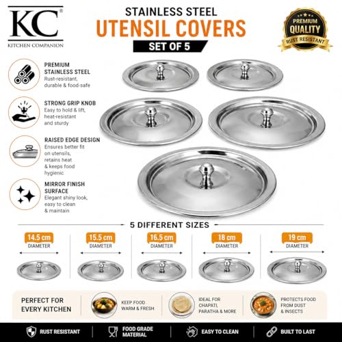 Image of KC Stainless Steel Heavy Gauge Ciba /Lids /Tope /Cheeba Cover Set of 5 with Knob, 14.5cm, 15.5cm, 16.5cm, 18cm, 19cm