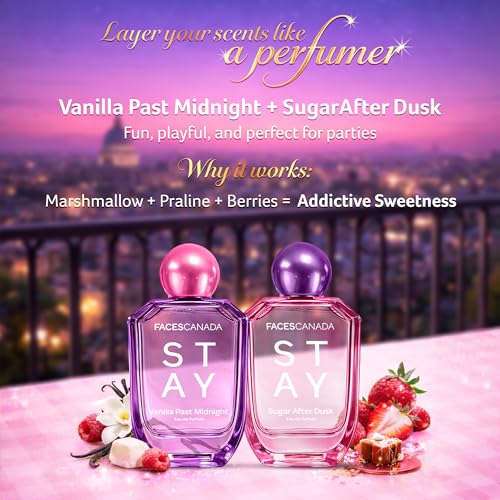 Image of FACES CANADA STAY Vanilla Past Midnight Eau de Parfum for Women, 50ml | Long-Lasting Sweet Gourmand Perfume with Caramel, Vanilla, Tonka & Sandalwood | Gifts for Women | Premium Fragrance
