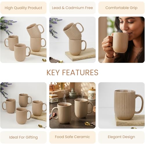 Image of The Earth Store Beige Tall Fringe Coffee Mug - 330ML Ceramic Coffee Mugs Set of 2 | Microwave & Dishwasher Safe Mugs for Gift | Home | Office | Restaurant | Daily Use Tea Mug
