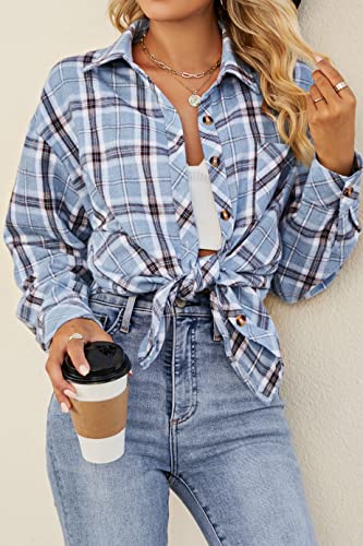 Image of CHYRII Womens Button Down Flannel Shirts Long Sleeve Plaid Shackets Business Casual Blouse Top