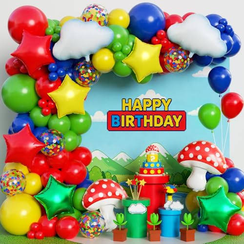 Image of Red Blue Green Yellow Balloon Arch Garland Kit 172pcs with Cloud Mushroom Star Balloons, Video Game Balloon Arch Kit for Gamer Birthday Cartoon Video Game Bros Party Decorations