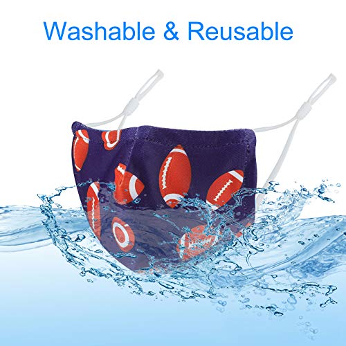 SAVANNAH Kids Washable Cloth Mask Face Coverings Baseball Boy Masks Reusable 3-10 Years Old Toddler Football Sports Protective Adjustable Ear Loops Mask with Filter Pocket (Pack 4)