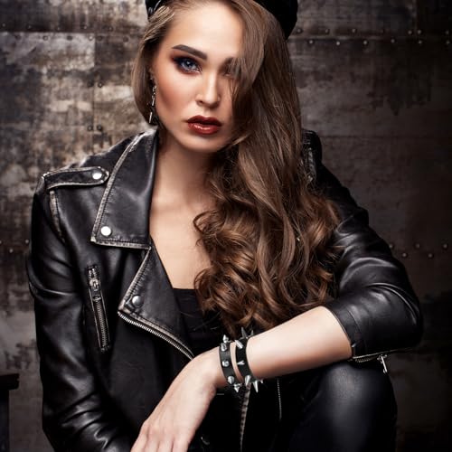 2Pcs Punk Rock Spike Bracelet, Adjustable Leather Studded Bracelet Black Emo Bracelets Gothic Jewelry for 80s 90s Vintage Womens Men Halloween Punk Gift4