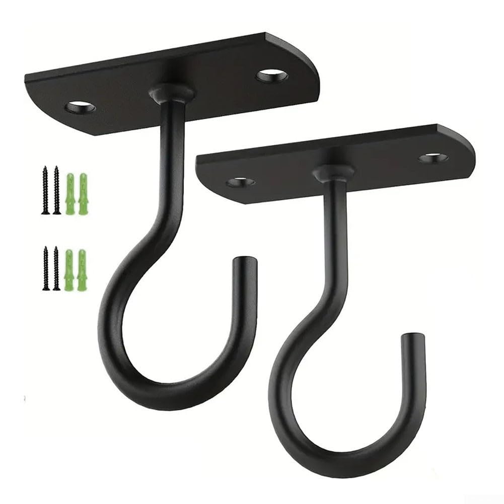 Wrought Iron Hooks 2 Pack, Strong Ceiling Hooks Plant Hanging Wall Hooks for Balcony Flower Basket Garden(black)