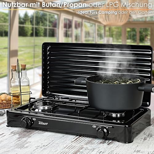 2 Flammiger Gaskocher Schwarz Campingkocher Gas Kochfeld Gasherd Hockerkocher abnehmbarer Deckel Camping Gaskocher 2-Flammig Gas Kochplatte 30mbar - 50mbar geeignet (Mit Gasschlauch & Druckminderer) – Bild 6